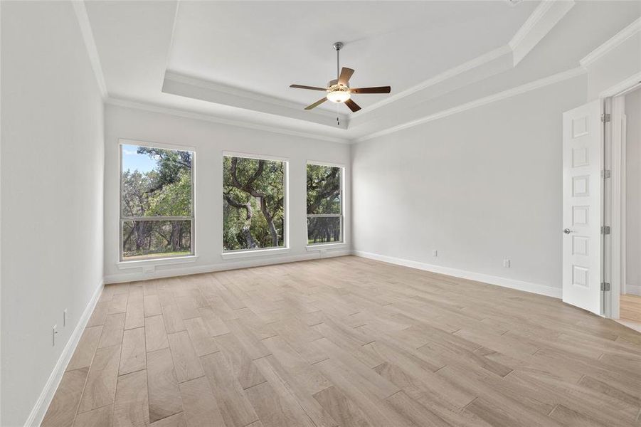 Primary Suite With Wood Look Tile, Tray Ceilings, Crown Molding and Picture Windows