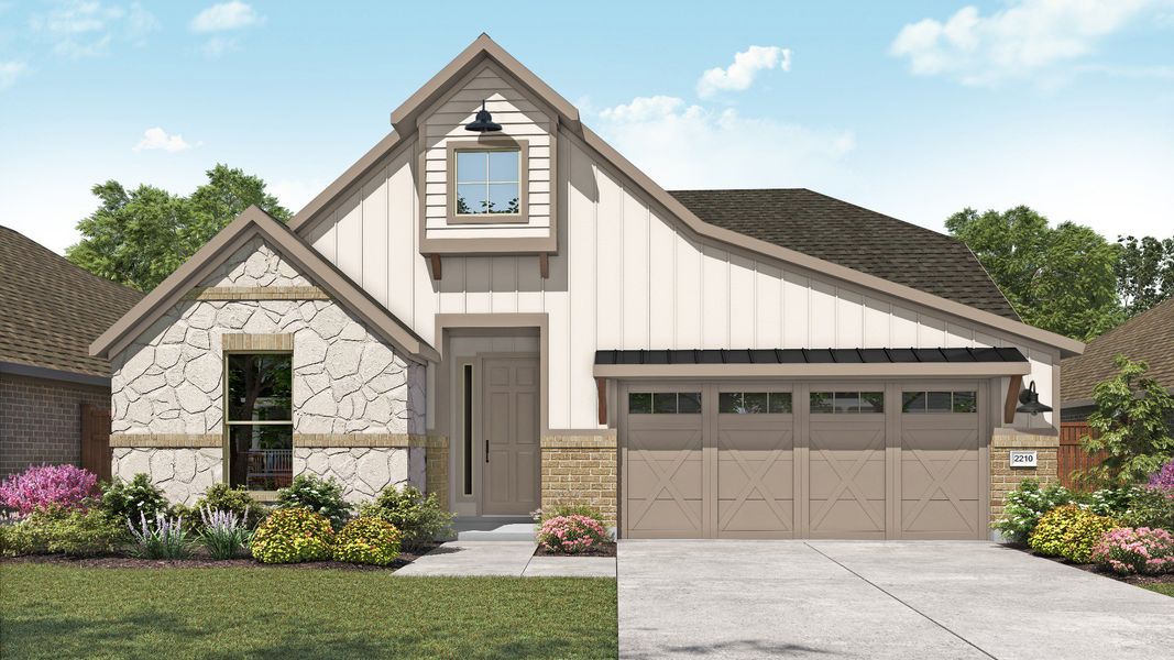 Representative exterior photo of a completed home built from the Oleander by DRB Homes in Parkside on the River, Georgetown, TX (Image 6). Representative exterior photo of a completed home built from the Oleander by DRB Homes in Parkside on the River, Georgetown, TX (Image 6).