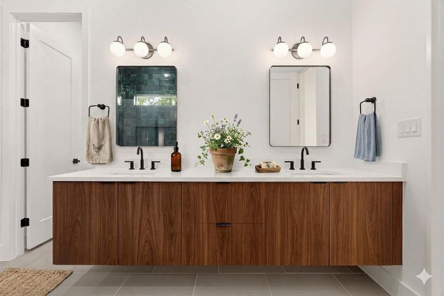 Full bathroom featuring floating double vanity, light tile patterned flooring