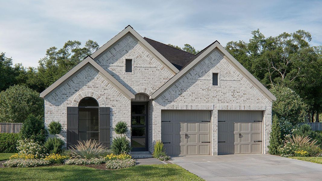Front exterior of a new home in Elyson 45', Katy, TX, highlighting curb appeal (Image 9).