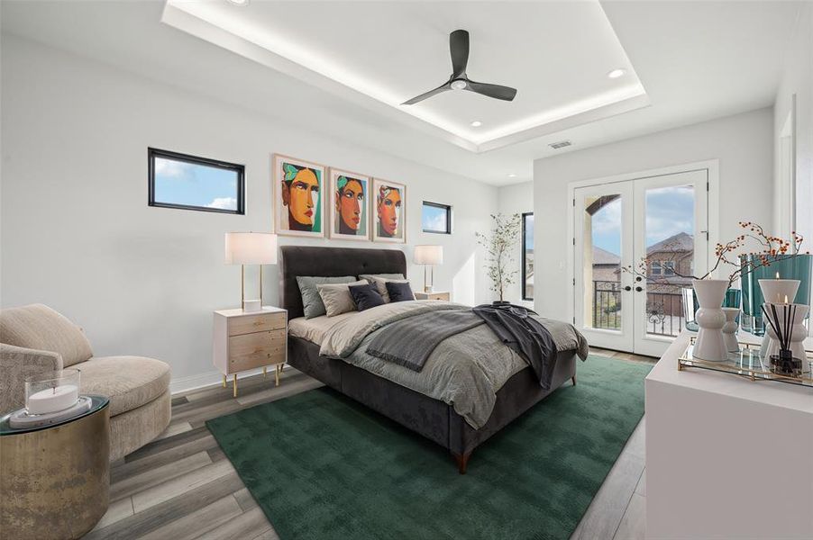 Virtually staged upstairs guest bedroom with access to front-facing balcony from french doors, a 10' ceiling with LED uplighting on tray ceiling, a private en suite bathroom and a walk-in closet. (Bedroom 4 of 5)