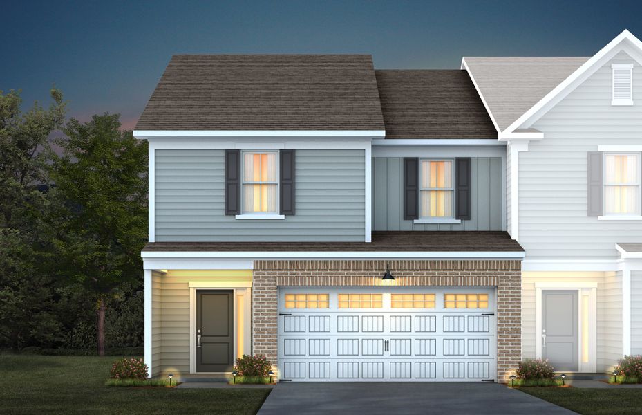 Front exterior of a new home in Exchange at 401, Raleigh, NC, highlighting curb appeal (Image 1). Front exterior of a new home in Exchange at 401, Raleigh, NC, highlighting curb appeal (Image 1).