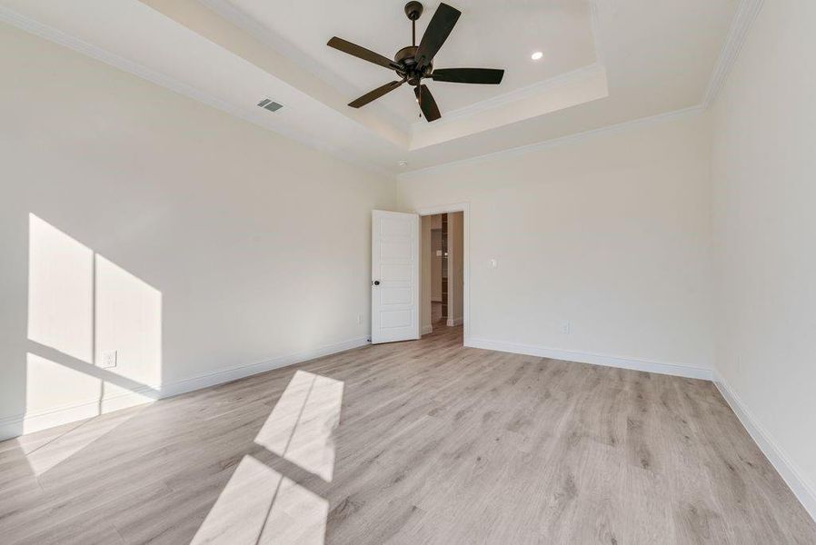 Owner's suite with crown molding, ceiling fan, light hardwood / wood-style floors, and a raised ceiling