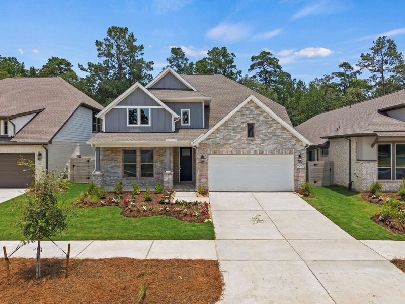 Front exterior of a new home in Two Step Farm, Montgomery, TX, highlighting curb appeal (Image 22). Front exterior of a new home in Two Step Farm, Montgomery, TX, highlighting curb appeal (Image 22).