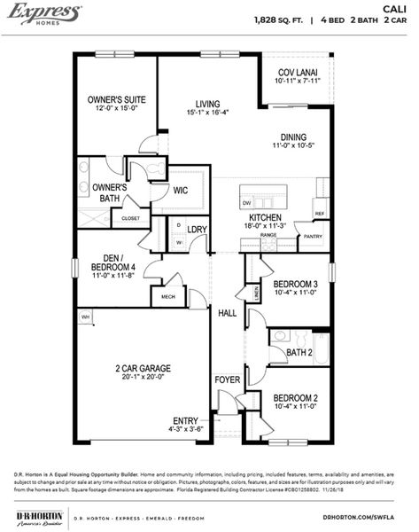 2D floor plan layout for the Cali by D.R. Horton in Gulf Cove, Port Charlotte, FL (Image 3).