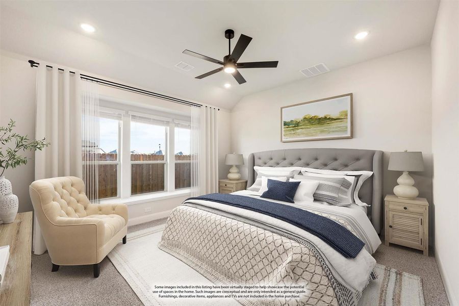 Bedroom with tufted gray headboard, ceiling fan, carpet flooring, and large window with white curtains Bedroom with tufted gray headboard, ceiling fan, carpet flooring, and large window with white curtains