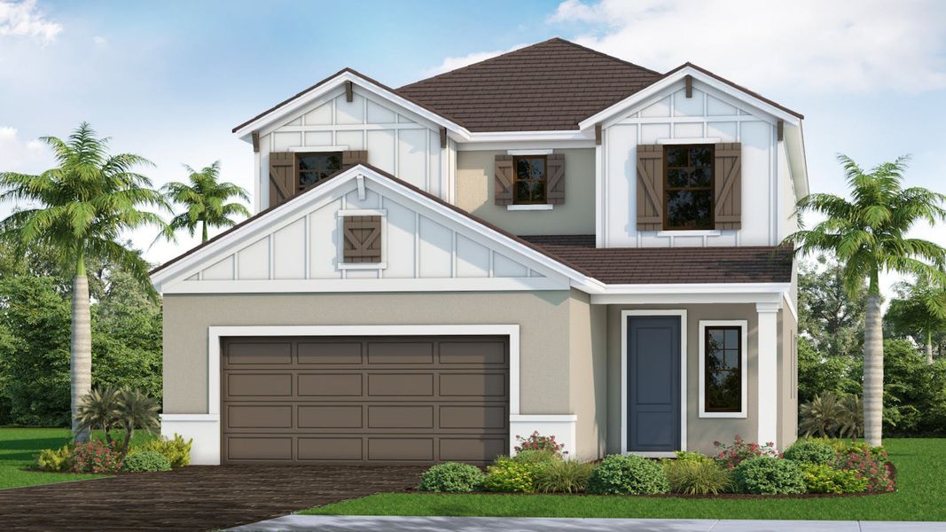Front exterior of a new home in Palm Grove Real Estate and Homes for Sale in Lakewood Ranch, FL - Neal Communities, Bradenton, FL, highlighting curb appeal (Image 2).