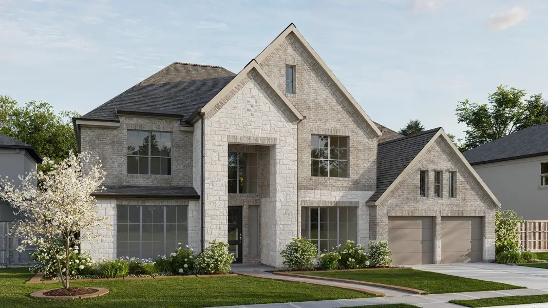 Front exterior of a new home in Parkside on the River West, Georgetown, TX, highlighting curb appeal (Image 3). Front exterior of a new home in Parkside on the River West, Georgetown, TX, highlighting curb appeal (Image 3).