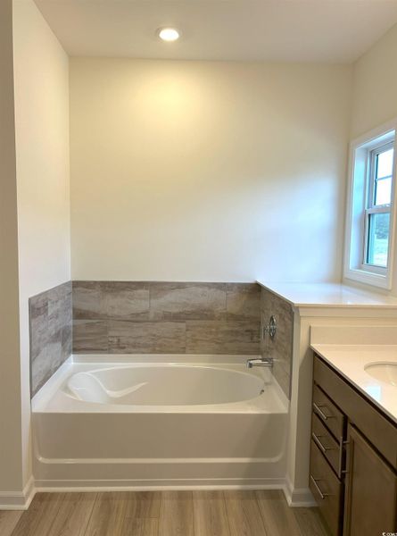Full bathroom with a bath, vanity, and wood finished floors