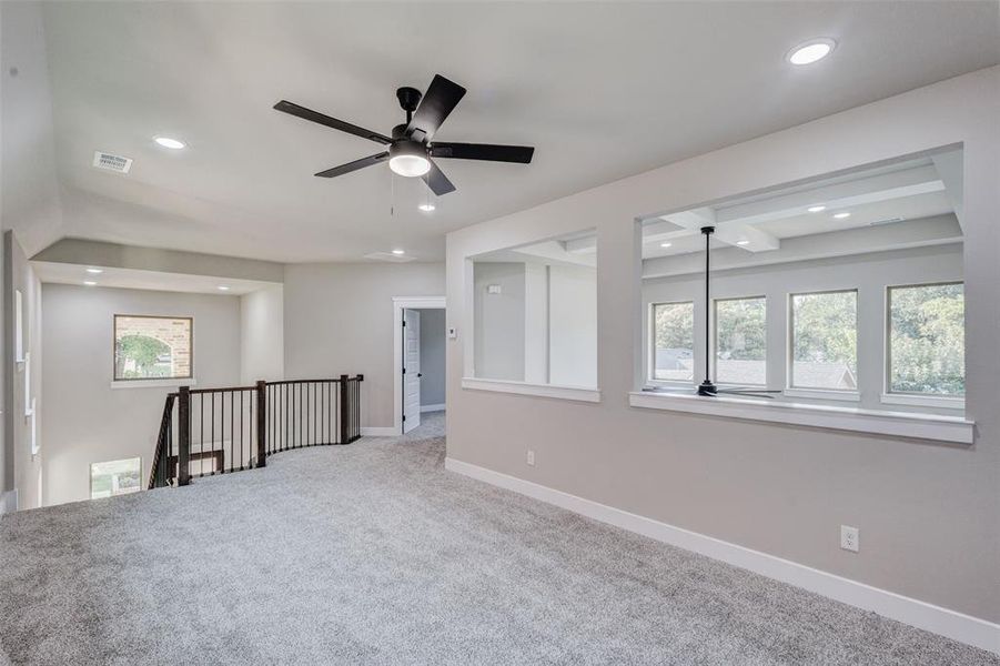 Loft- Game room featuring ceiling fan, carpet, and recessed lighting
