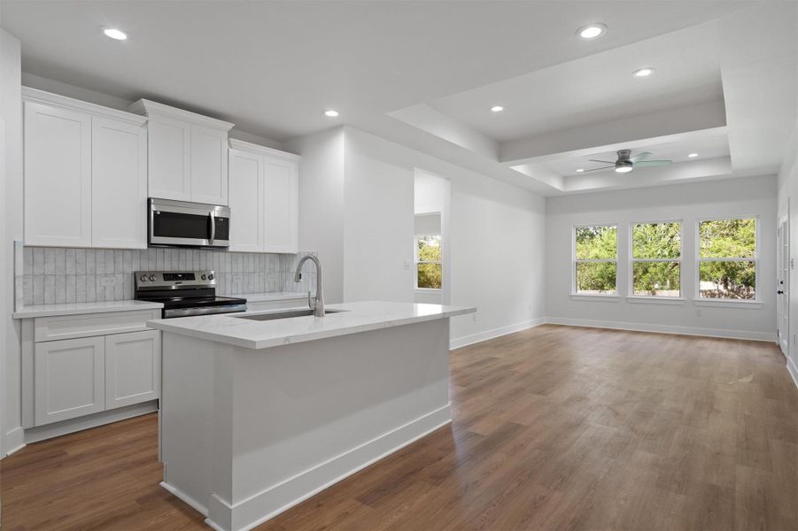 Open-concept living space featuring a kitchen island with sink, stainless steel appliances, wood-finish flooring, a tray ceiling with recessed lighting, and multiple large windows