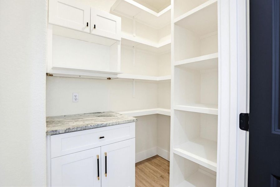 Functional pantry storage with sleek white cabinetry and built-in shelving.