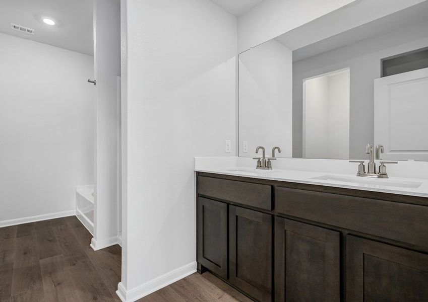 The master bathroom has a sprawling vanity. The master bathroom has a sprawling vanity.