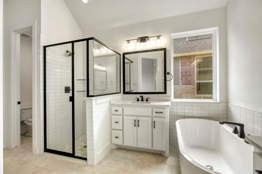 Bathroom featuring vanity, a freestanding tub, a stall shower, vaulted ceiling, and tile walls