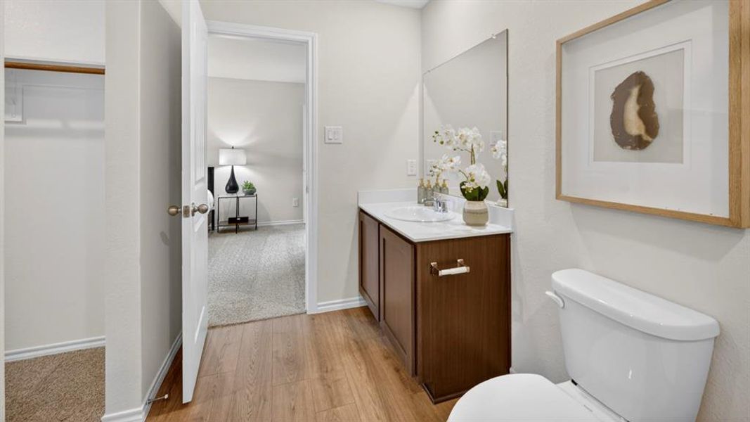 Bathroom featuring a single vanity with storage, a rectangular mirror, and wood-finish flooring Bathroom featuring a single vanity with storage, a rectangular mirror, and wood-finish flooring
