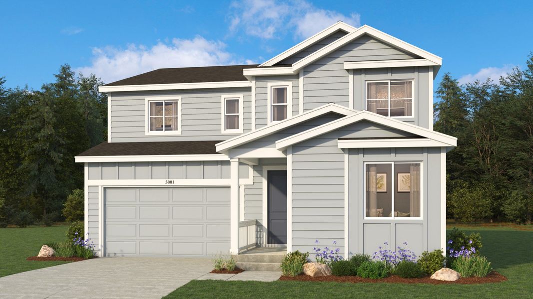 Front exterior of a new home in Trevenna, Windsor, CO, highlighting curb appeal (Image 1). Front exterior of a new home in Trevenna, Windsor, CO, highlighting curb appeal (Image 1).