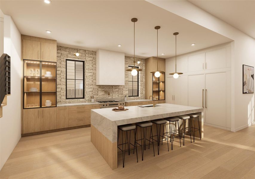 Crafted for both culinary performance and visual impact, this space pairs a professional-grade range with bespoke millwork and architectural lighting. The trio of sculptural pendants floats above an expansive island, creating a refined yet welcoming atmosphere where weeknight meals feel intentional and entertaining feels instinctive. Crafted for both culinary performance and visual impact, this space pairs a professional-grade range with bespoke millwork and architectural lighting. The trio of sculptural pendants floats above an expansive island, creating a refined yet welcoming atmosphere where weeknight meals feel intentional and entertaining feels instinctive.