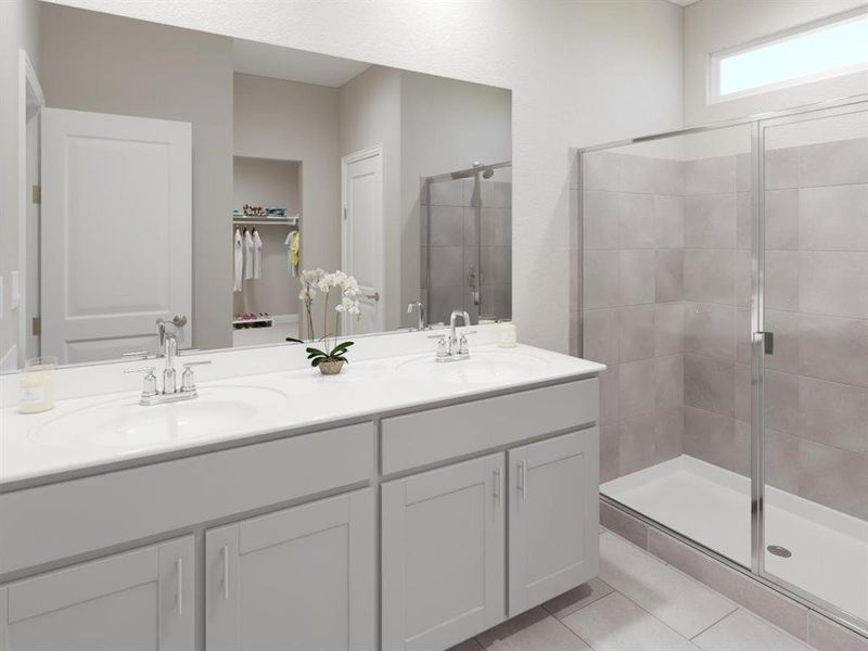 Bathroom with a walk in closet, a shower stall, double vanity, and light tile patterned flooring Bathroom with a walk in closet, a shower stall, double vanity, and light tile patterned flooring