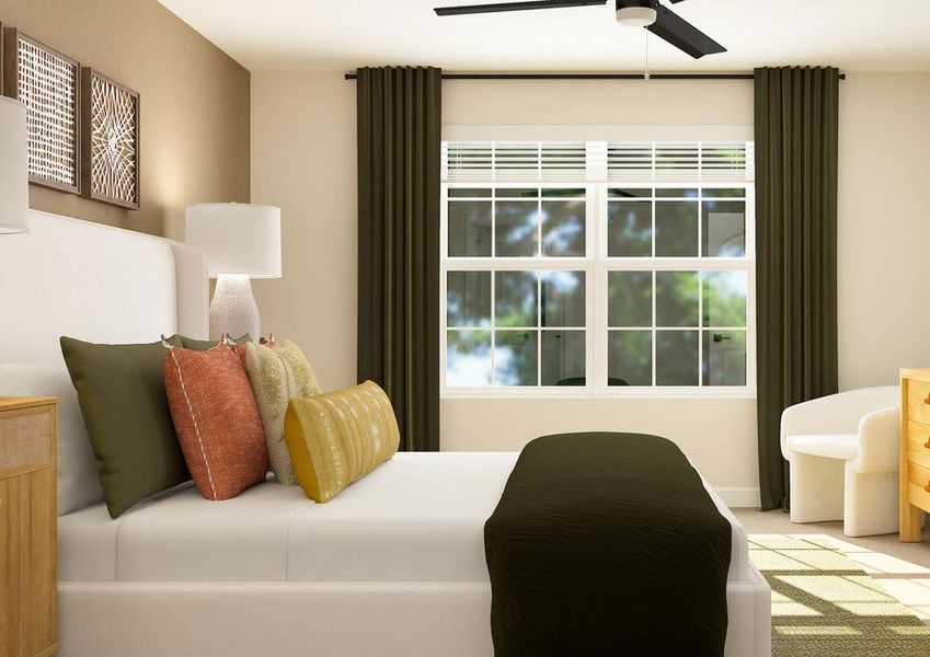 Rendering  of spacious bedroom highlighting the large window with green curtains. The  room is furnished with a large bed, chair and a dresser.