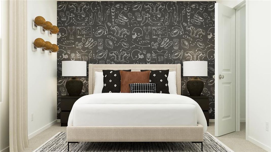 Bedroom featuring a patterned accent wall, light-colored carpet, and an interior door with a paneled design Bedroom featuring a patterned accent wall, light-colored carpet, and an interior door with a paneled design
