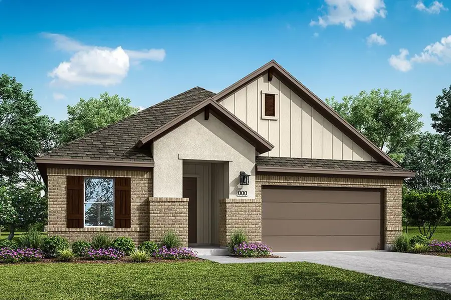 Front exterior of a new home in Turner's Crossing, Buda, TX, highlighting curb appeal (Image 1). Front exterior of a new home in Turner's Crossing, Buda, TX, highlighting curb appeal (Image 1).