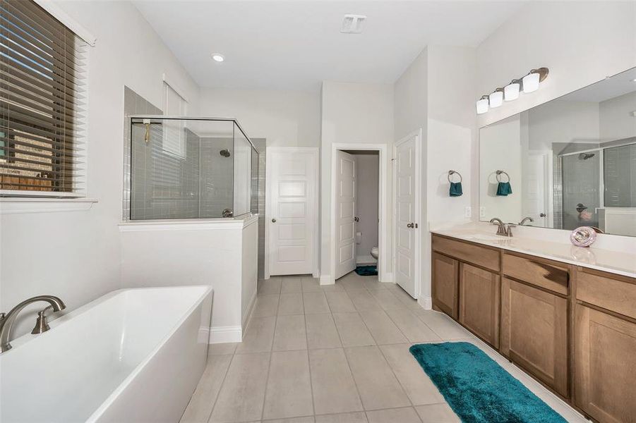 Bathroom with vanity, plus walk in shower, and tile patterned floors