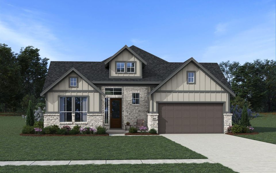 Representative exterior photo of a completed home built from the Brenner by Chesmar Homes in Buffalo Crossing, Cibolo, TX (Image 4). Representative exterior photo of a completed home built from the Brenner by Chesmar Homes in Buffalo Crossing, Cibolo, TX (Image 4).