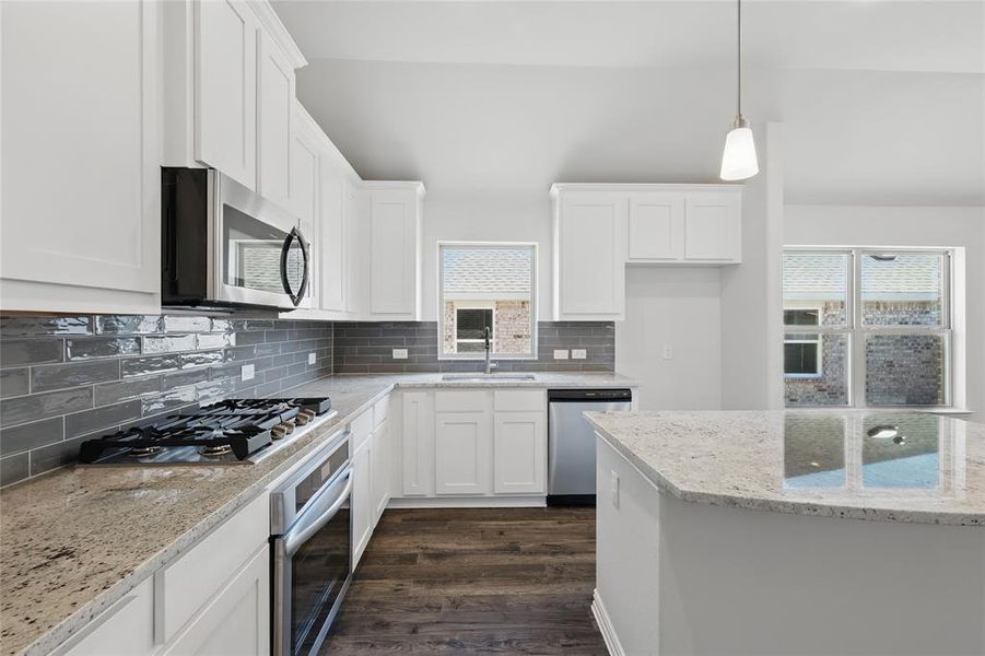 Kitchen featuring stainless steel appliances, dark wood finished floors, a sink, and white cabinetry