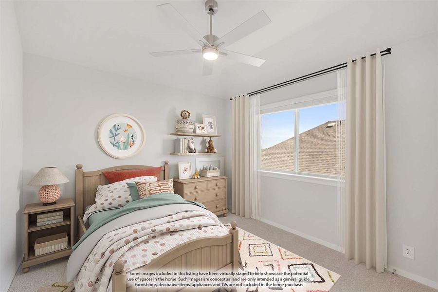 Children's bedroom with wood twin bed, ceiling fan, carpet flooring, and large window with curtains Children's bedroom with wood twin bed, ceiling fan, carpet flooring, and large window with curtains