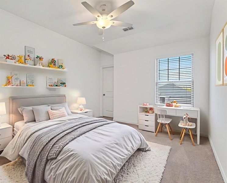 Bedroom with carpet and a ceiling fan