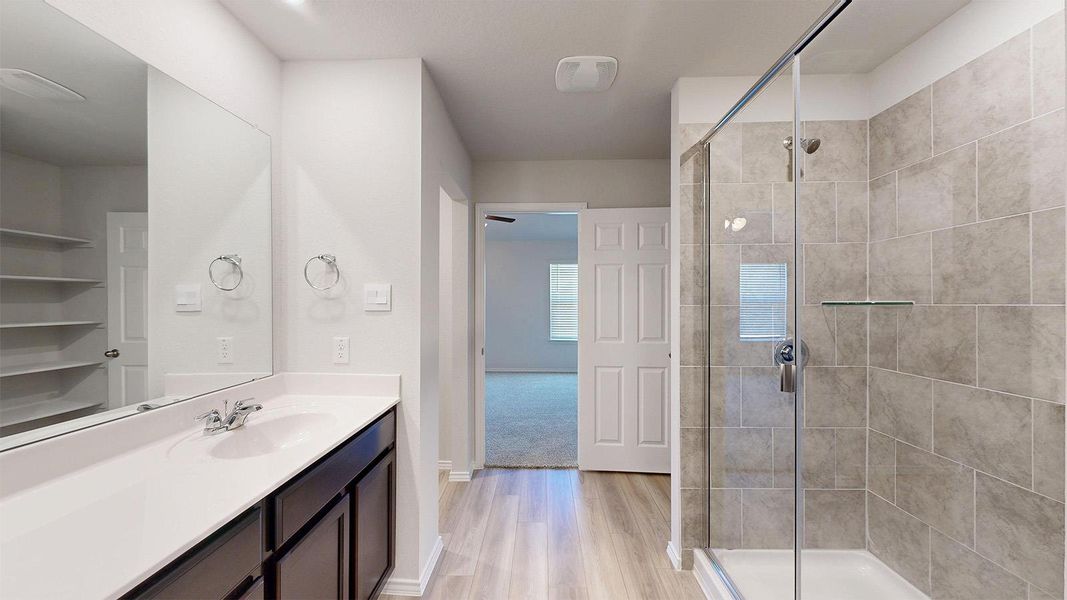 Spacious bathroom featuring a glass-enclosed shower with tile surround, a single vanity with an undermount sink and white countertop, wood-finish flooring, and a walk-in closet with shelving