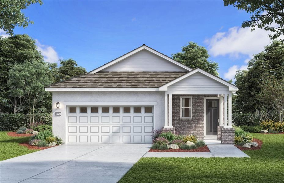 Ranch-style home with stucco siding, roof with shingles, concrete driveway, a front yard, and an attached garage