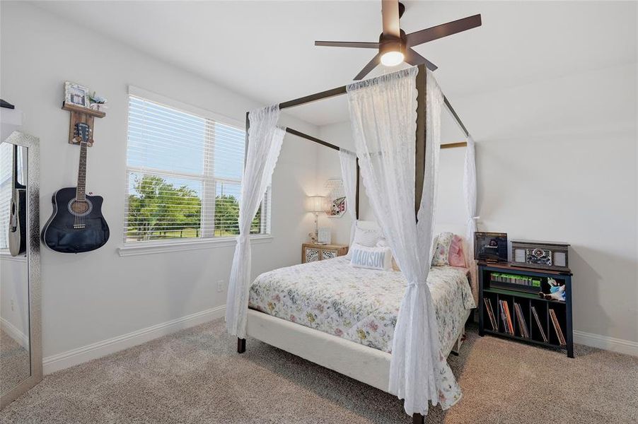Bedroom featuring light gray walls, plush carpet flooring, a large window with blinds, a dark-toned ceiling fan with integrated lighting, and white trim throughout