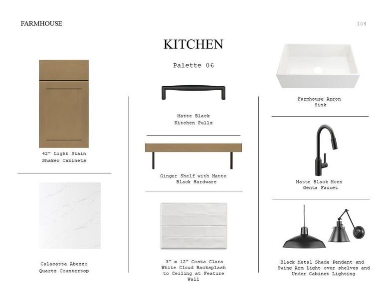 Farmhouse Look Palette 6: Kitchen Selection Sheet (*Artist rendering used for illustration purposes only.)