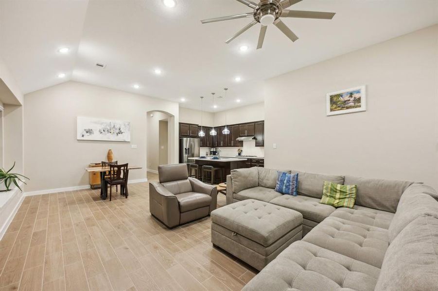 Living room looking towards dining area and kitchen.