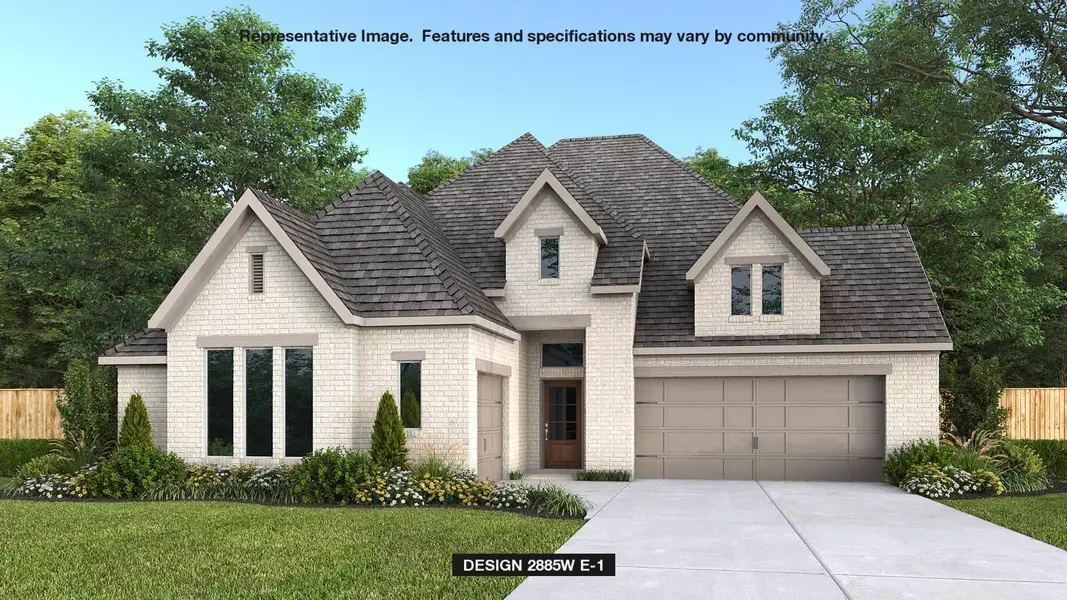 View of front of house with driveway, brick siding, and a shingled roof