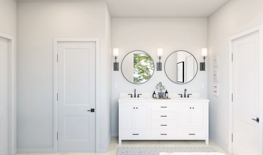 Primary bath with dual sinks and matte black fixtures throughout