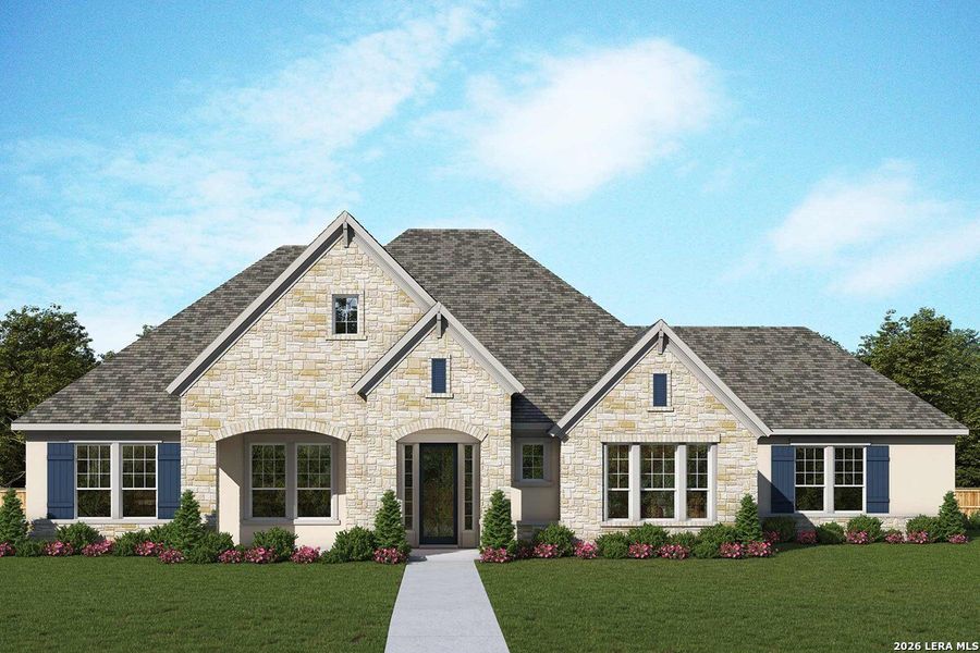 Front exterior of a new home in Megans Landing – Half-Acre Homesites, Castroville, TX, highlighting curb appeal (Image 1). Front exterior of a new home in Megans Landing – Half-Acre Homesites, Castroville, TX, highlighting curb appeal (Image 1).