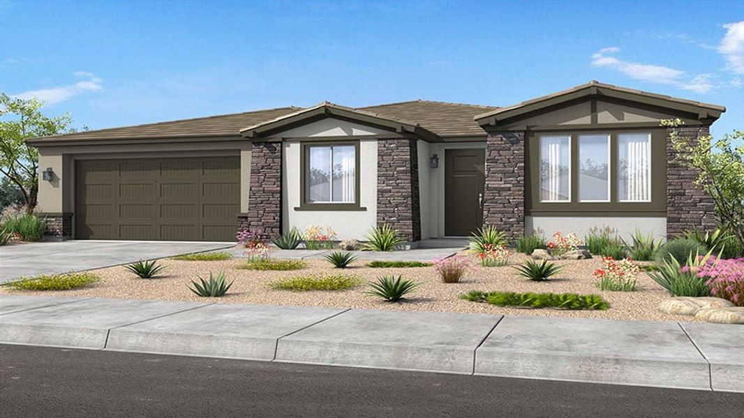 Front exterior of a new home in Meridian, Queen Creek, AZ, highlighting curb appeal (Image 1). Front exterior of a new home in Meridian, Queen Creek, AZ, highlighting curb appeal (Image 1).