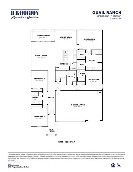 2D floor plan layout for the Courtland by D.R. Horton in Quail Ranch, San Tan Valley, AZ (Image 3).
