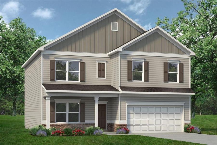 Front exterior of a new home in Victoria Heights, Dallas, GA, highlighting curb appeal (Image 1).