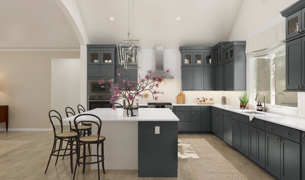 Kitchen with glass upper cabinets and vaulted ceiling