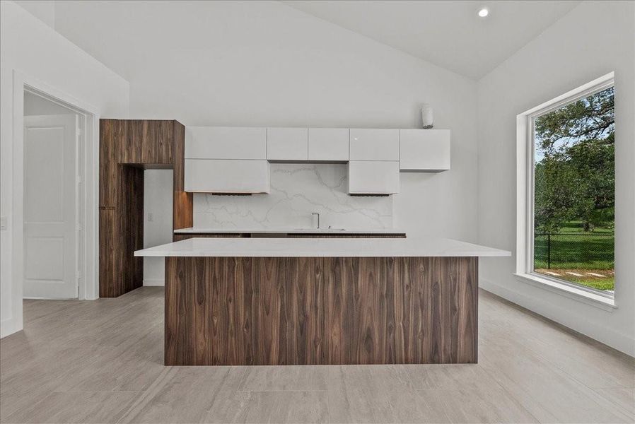 This space showcases imported Italian custom cabinetry with a beautiful wood-grain finish and Altaeuro frameless cabinets.