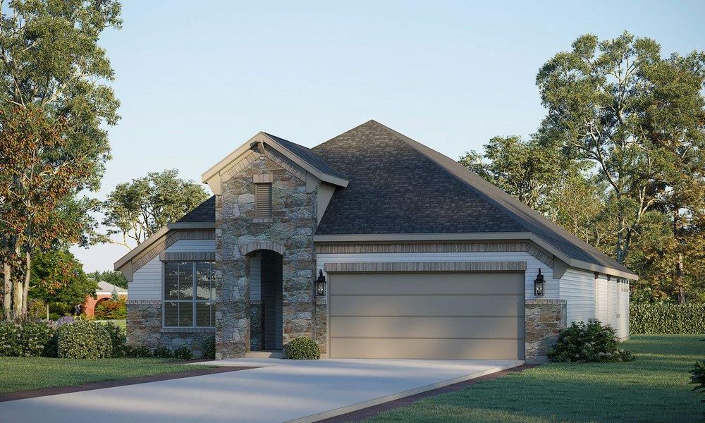 View of front of home with an attached garage, stone siding, and driveway