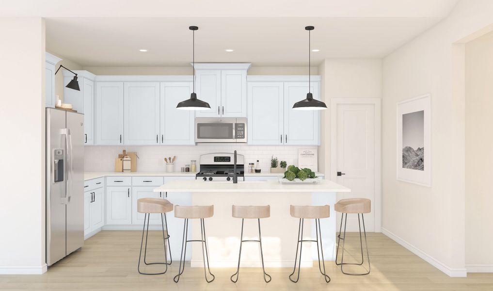 Kitchen with pendant lighting & floating shelves