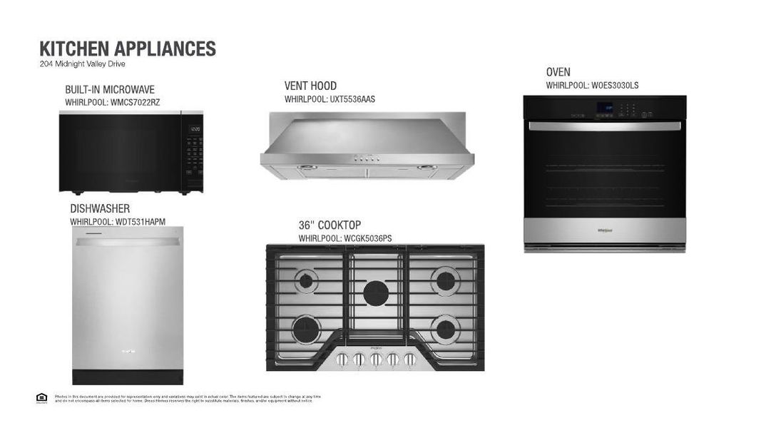 Essential kitchen appliances including a built-in microwave, dishwasher, vent hood, cooktop, and oven, ready for culinary endeavors.