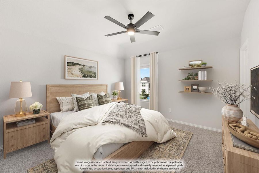 Bedroom with vaulted ceiling, ceiling fan, wood furniture, and a window with white curtains