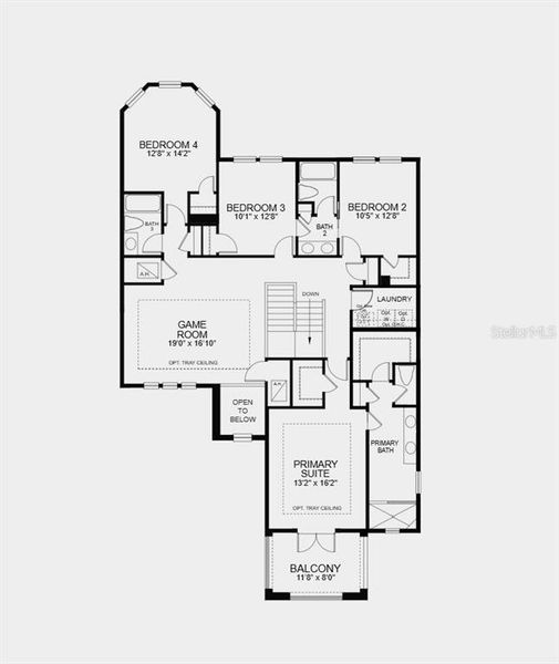 Second Floor Plan - Structural options added include: gourmet kitchen, study in place of flex, secondary bedroom and full bathroom in place of study, shower at main level bath, pocket sliding glass doors, tray ceilings at study, primary suite and game room, and impact windows