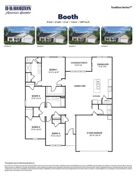 2D floor plan layout for the Booth by D.R. Horton in Villa Grande, Winterville, NC (Image 3).