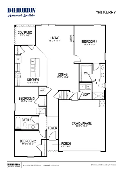 2D floor plan layout for the Kerry by D.R. Horton in Huntington Estates, Millington, TN (Image 3).